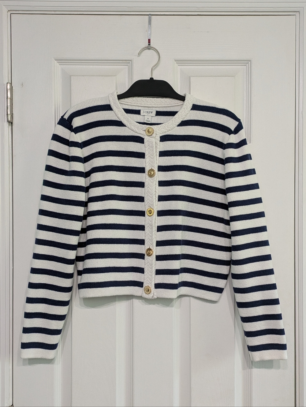J. Crew Women's Navy and White Striped Knit Cardigan